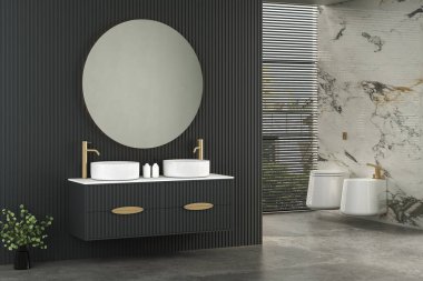 Modern minimalist banyo, modern banyo dolabı, çift lavabo, iç tesisler, banyo aksesuarları, küvet ve tuvalet, siyah ve mermer duvarlar. 3d oluşturma