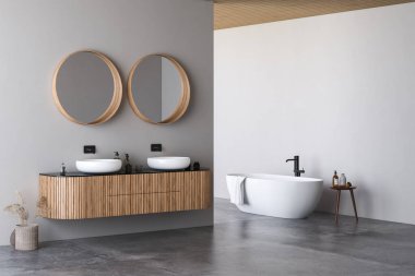 Beyaz duvarlı modern banyo, çift aynalı mermer leğen, küvet, açık hava duşu ve gri beton zemin. Minimalist bej banyo ve modern mobilyalar. 3B görüntüleme