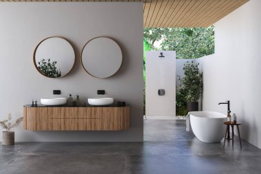 Beyaz duvarlı modern banyo, çift aynalı mermer leğen, küvet, açık hava duşu ve gri beton zemin. Minimalist bej banyo ve modern mobilyalar. 3B görüntüleme