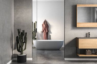 Modern minimalist banyo, modern banyo dolabı, beyaz lavabo, ahşap kibir, iç tesisler, banyo aksesuarları, küvet, beyaz ve beton duvarlar, beton zemin. 3d oluşturma