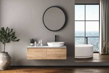 Modern banyo içi koyu kahverengi parke zemin, beyaz oval küvet ve iki lavabo, ön manzara. Modern mobilya ve şehir manzaralı minimalist banyo. 3B görüntüleme