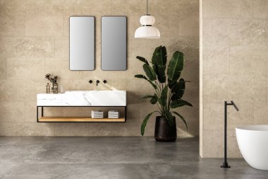 Beyaz mermer leğen, çift ayna, küvet, bitki, beton döşeme, bej kiremit duvarlı parlak bir banyo. Otel stüdyosunda banyo aksesuarları ve kolye ışıkları. 3B görüntüleme