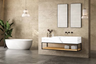 Beyaz mermer leğen, çift ayna, küvet, bitki, beton döşeme, bej kiremit duvarlı parlak bir banyo. Otel stüdyosunda banyo aksesuarları ve kolye ışıkları. 3B görüntüleme