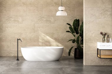 Beyaz mermer leğen, çift ayna, küvet, bitki, beton döşeme, bej kiremit duvarlı parlak bir banyo. Otel stüdyosunda banyo aksesuarları ve kolye ışıkları. 3B görüntüleme