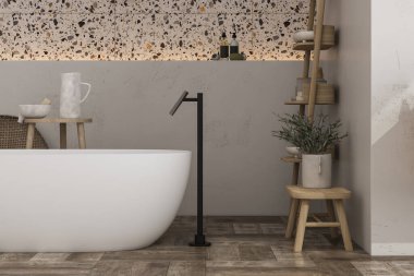 Modern minimalist banyo, modern banyo dolabı, beyaz lavabo, ahşap kibir, iç tesisler, banyo aksesuarları, küvet, beyaz duvar, terrazzo döşeme. 3d oluşturma