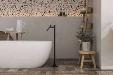 Modern minimalist bathroom interior, modern bathroom cabinet, white sink, wooden vanity, interior plants, bathroom accessories, bathtub, white wall, terrazzo flooring. 3d rendering clipart