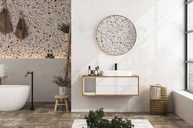 Modern minimalist banyo, modern banyo dolabı, beyaz lavabo, ahşap kibir, iç tesisler, banyo aksesuarları, küvet, beyaz duvar, terrazzo döşeme. 3d oluşturma