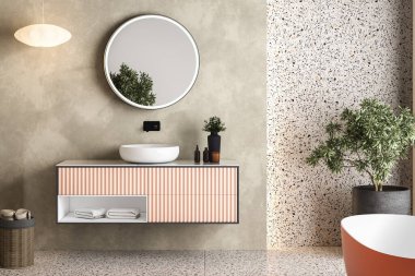 Modern minimalist banyo tasarımı, modern pembe banyo dolabı, beyaz lavabo, ahşap kibir, iç tesisler, banyo aksesuarları, turuncu-beyaz banyo küveti, beton duvar, terrazzo döşeme 3D.
