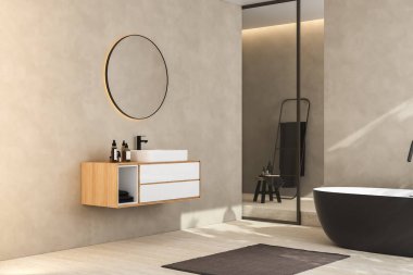 Modern minimalist banyo, modern banyo dolabı, beyaz lavabo, ahşap kibir, iç tesisler, banyo aksesuarları, küvet ve duş, bej duvarlar, granit zemin, vazolar. 3d oluşturma