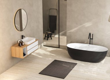 Modern minimalist banyo, modern banyo dolabı, beyaz lavabo, ahşap kibir, iç tesisler, banyo aksesuarları, küvet ve duş, bej duvarlar, granit zemin, vazolar. 3d oluşturma