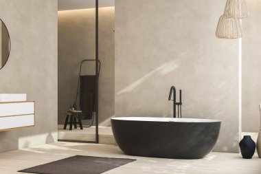 Modern minimalist banyo, modern banyo dolabı, beyaz lavabo, ahşap kibir, iç tesisler, banyo aksesuarları, küvet ve duş, bej duvarlar, granit zemin, vazolar. 3d oluşturma