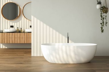 Koyu kahverengi parke döşemeli modern banyo, iki lavabo, çift ayna, beyaz küvet, iç tesisler. Modern mobilya ve şehir manzaralı minimalist banyo. 3B görüntüleme