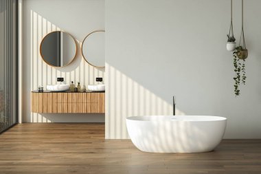 Koyu kahverengi parke döşemeli modern banyo, iki lavabo, çift ayna, beyaz küvet, iç tesisler. Modern mobilya ve şehir manzaralı minimalist banyo. 3B görüntüleme