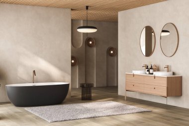 Çift lavabolu ve aynalı bej bir banyo zemininde halı, siyah küvet, bitkiler. Otel stüdyosunda banyo aksesuarları ve pencere. 3B görüntüleme