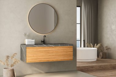 Modern banyo içi gri duvar ve travertin zemin, beyaz oval küvet, mermer leğen, ön manzara. Modern mobilya ve şehir manzaralı minimalist banyo. 3B görüntüleme