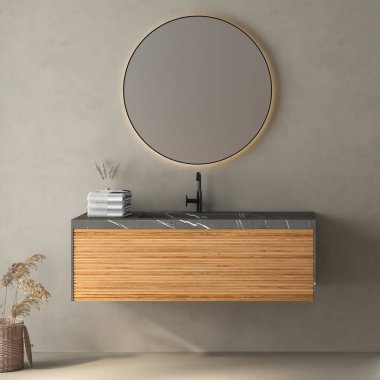 Modern banyo içi gri duvar, mermer leğen, ön manzara. 3B görüntüleme