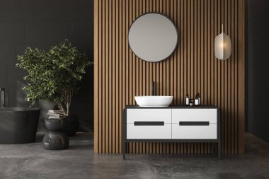 Beton zemin, siyah banyo küveti, beyaz leğen, ahşap duvar, bitki. Modern mobilyalı minimalist banyo. 3B görüntüleme