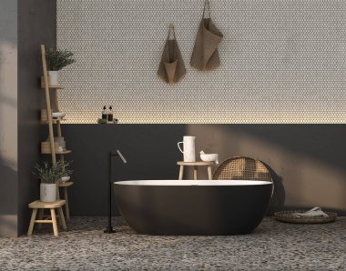 Modern minimalist bathroom interior with black bathtub, interior plants, bathroom accessories, black wall, terrazzo flooring. 3d rendering clipart