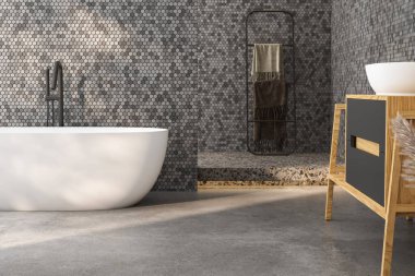 Modern minimalist banyo, modern banyo dolabı, beyaz lavabo, ahşap kibir, iç tesisler, banyo aksesuarları, küvet ve duş, siyah ve fayanslı duvarlar, beton zemin. 3d oluşturma