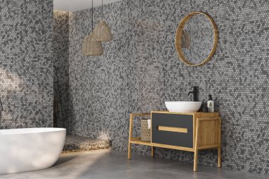 Modern minimalist banyo, modern banyo dolabı, beyaz lavabo, ahşap kibir, iç tesisler, banyo aksesuarları, küvet ve duş, siyah ve fayanslı duvarlar, beton zemin. 3d oluşturma