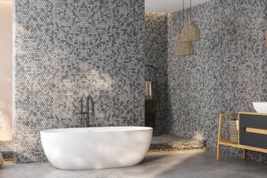 Modern minimalist banyo, modern banyo dolabı, beyaz lavabo, ahşap kibir, iç tesisler, banyo aksesuarları, küvet ve duş, siyah ve fayanslı duvarlar, beton zemin. 3d oluşturma