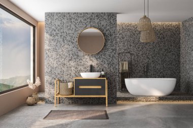 Modern minimalist banyo, modern banyo dolabı, beyaz lavabo, ahşap kibir, iç tesisler, banyo aksesuarları, küvet ve duş, siyah ve fayanslı duvarlar, beton zemin. 3d oluşturma