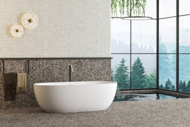 Modern banyoda terrazzo zemininde güzel beyaz bir küvet pencere, havuz, havlu, banyo aksesuarları ve maket duvarı olan orman manzaralı. 3d Hazırlama