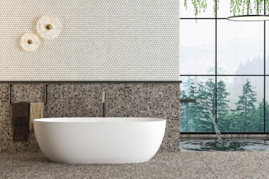 Modern banyoda terrazzo zemininde güzel beyaz bir küvet pencere, havuz, havlu, banyo aksesuarları ve maket duvarı olan orman manzaralı. 3d Hazırlama