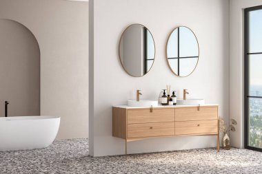 Çift lavabolu, aynalı, terrazzo zeminli, küvetli, bitkilerle dolu parlak bir banyo. Banyo aksesuarları ve modern mobilyalar. 3B görüntüleme