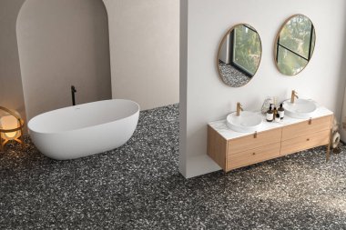 Çift lavabolu, aynalı, terrazzo zeminli, küvetli, bitkilerle dolu parlak bir banyo. Banyo aksesuarları ve modern mobilyalar. 3B görüntüleme