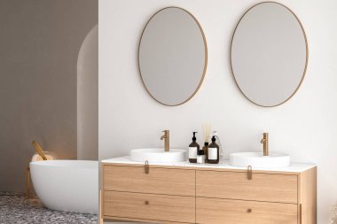 Çift lavabolu, aynalı, terrazzo zeminli, küvetli, bitkilerle dolu parlak bir banyo. Banyo aksesuarları ve modern mobilyalar. 3B görüntüleme