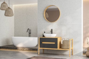 Modern minimalist banyo, modern banyo dolabı, beyaz lavabo, ahşap kibir, iç tesisler, banyo aksesuarları, küvet ve duş, beyaz ve fayans duvarlar, beton zemin. 3d oluşturma