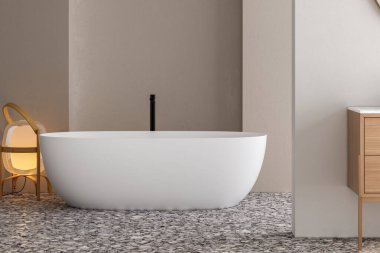Terrazzo zemininde şık beyaz bir küvet, parlak banyoda arka musluk, bej ve beyaz duvar arkası. 3d Hazırlama