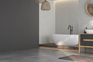 Modern minimalist banyo, modern banyo dolabı, beyaz lavabo, ahşap kibir, iç tesisler, banyo aksesuarları, küvet ve duş, beyaz ve fayans duvarlar, beton zemin. 3d oluşturma