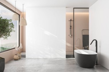 Banyo dolabının, modern banyonun, küvetin, beton zeminin, pencere manzarasının maketi için boş beyaz bir duvar. 3d oluşturma