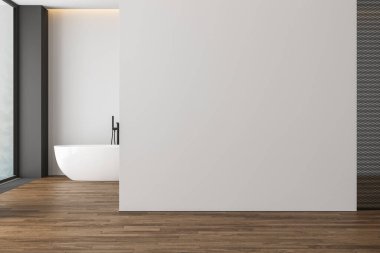 Banyo dolabının, modern banyonun, küvetin, parke zeminin, pencere manzarasının maketi için boş beyaz bir duvar. 3d oluşturma