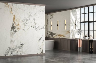 Banyo dolabının modeli için boş mermer duvar, modern banyo, küvet, beton zemin, pencereden şehir manzarası. 3d oluşturma
