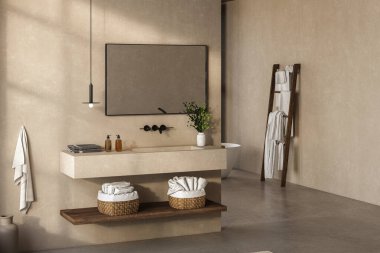 Geniş, bej duvarlı bir banyo, güzel bir kibir, siyah çerçeveli bir ayna, bir kolye lambası, havlular, sepetler, beyaz bir küvet ve yeşil bahçeli huzurlu bir manzara. 3d oluşturma