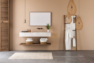 Parlak ve modern bir banyo, bej bir duvar ve beton tezgah kibri. İçinde havlular, sepetler, halı, beton döşeme, kolye ışıkları ve doğal ışık var. 3d oluşturma