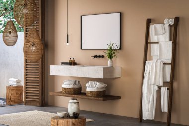 Parlak ve modern bir banyo, bej bir duvar ve beton tezgah kibri. İçinde havlular, sepetler, halı, beton döşeme, kolye ışıkları ve doğal ışık var. 3d oluşturma