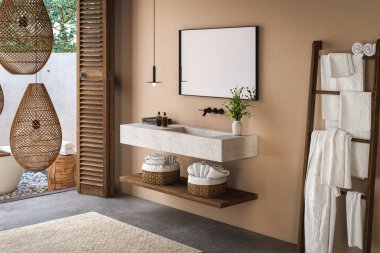 Bej duvarlı şık bir banyo, beton döşeme, küvet, gösteriş, havlular, aksesuarlar, bitkiler ve çarpıcı bir arka bahçe manzarası. Doğal sıcaklığı olan modern minimalist tasarım. 3d Hazırlama