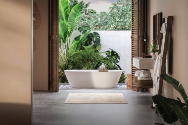 Bej duvarlı şık bir banyo, beton döşeme, küvet, gösteriş, havlular, aksesuarlar, bitkiler ve çarpıcı bir arka bahçe manzarası. Doğal sıcaklığı olan modern minimalist tasarım. 3d Hazırlama