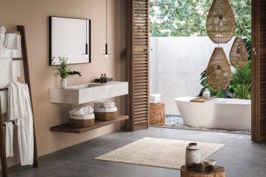 Bej duvarlı şık bir banyo, beton döşeme, küvet, gösteriş, havlular, aksesuarlar, bitkiler ve çarpıcı bir arka bahçe manzarası. Doğal sıcaklığı olan modern minimalist tasarım. 3d Hazırlama