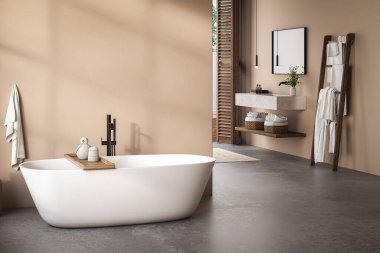 Bej duvarlı şık bir banyo, beton döşeme, küvet, gösteriş, havlular, aksesuarlar, bitkiler ve çarpıcı bir arka bahçe manzarası. Doğal sıcaklığı olan modern minimalist tasarım. 3d Hazırlama