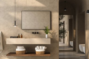 Gösterişli bir banyo, siyah beyaz küvet, duvara monte edilmiş ayna, bitkiler, mat mermer döşeme, bej duvarlar ve küçük bir havuz. 3d oluşturma