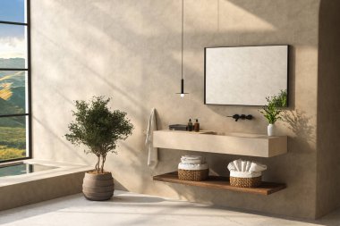 Gösterişli bir banyo, siyah beyaz küvet, duvara monte edilmiş ayna, bitkiler, mat mermer döşeme, bej duvarlar ve küçük bir havuz. 3d oluşturma