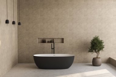 Siyah beyaz bir banyo, siyah metal musluk, mat mermer döşeme, bej duvarlar ve yeşil 3D bir dokunuş için tek bir bitki.