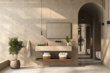 Gösterişli bir banyo, siyah beyaz küvet, duvara monte edilmiş ayna, bitkiler, mat mermer döşeme, bej duvarlar ve küçük bir havuz. 3d oluşturma