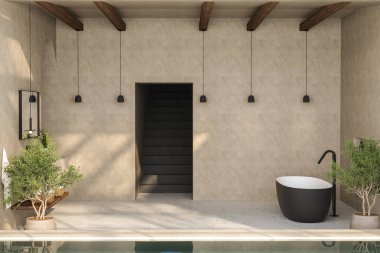 Gösterişli bir banyo, siyah beyaz küvet, duvara monte edilmiş ayna, bitkiler, mat mermer döşeme, bej duvarlar ve küçük bir havuz. 3d oluşturma