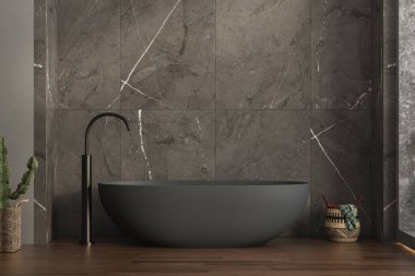 Antrasit banyo küveti, arka duvarda mermer seramik fayanslar, parke döşemeler, bitkiler ve sepetin olduğu modern bir banyo. 3d oluşturma